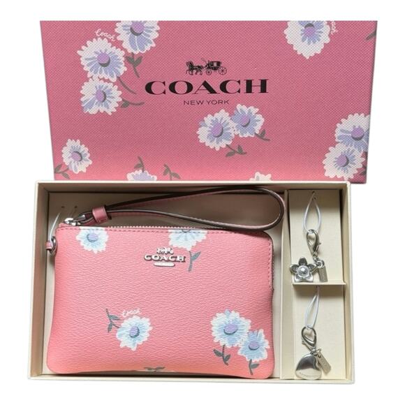 Coach Handbags - COACH CORNER ZIP WRISTLET WITH PINK DAISY PRINT & 2 CHARMS IN GIFT BOX - NEW!